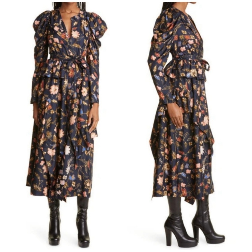 Ulla Johnson Virginia Floral Print Long Sleeve Silk Midi Dress in Odessa